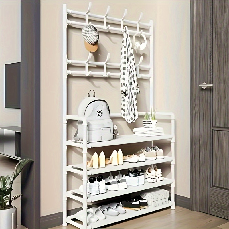 

Entryway Organizer With Hooks - Metal Shoe Rack, Coat & Hat Hanger For Home Storage Of Shoes, Clothes, Jackets, Bags, Umbrellas