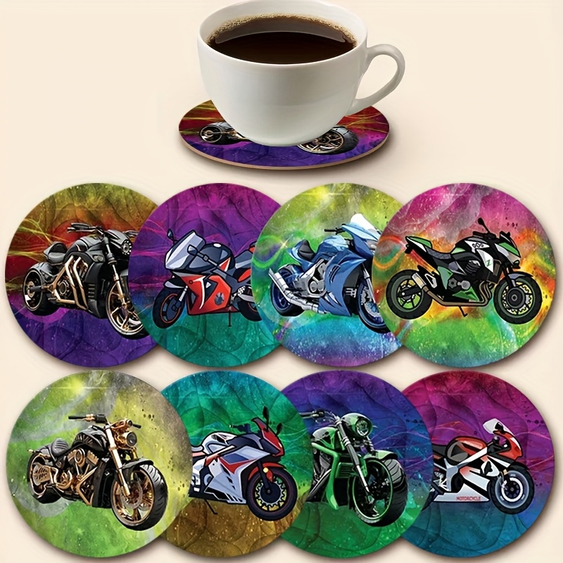TEMU 8pcs Motorcycle Coaster Set, Cool Motorcycle-themed Coasters With Fluid Background, Unique Gift For Bikers