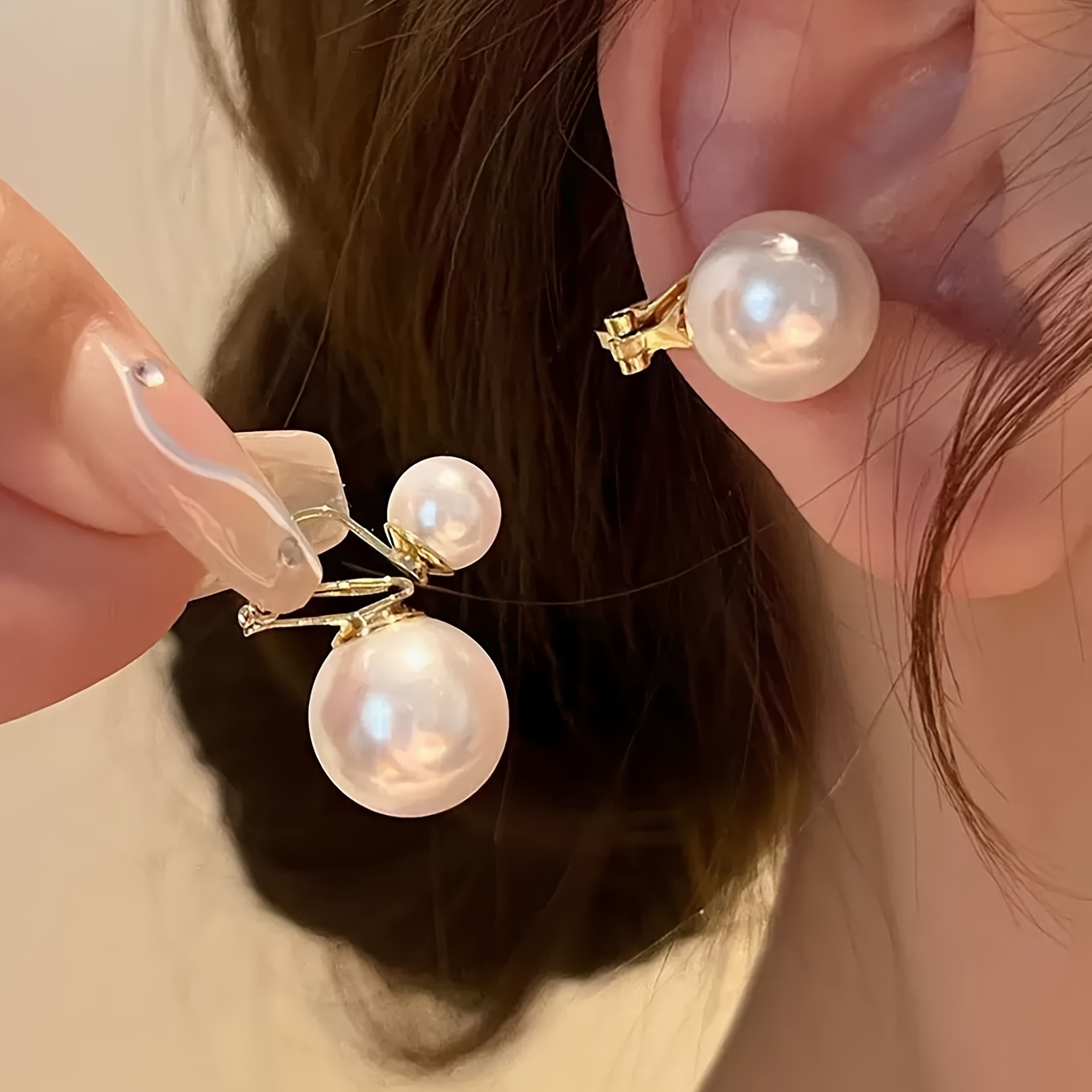 TEMU 1 Par de Clips de Oreja de Cobre para Mujer, de Perlas, , Dos Uso, Tema Celebrities de Lujo Minimalista
