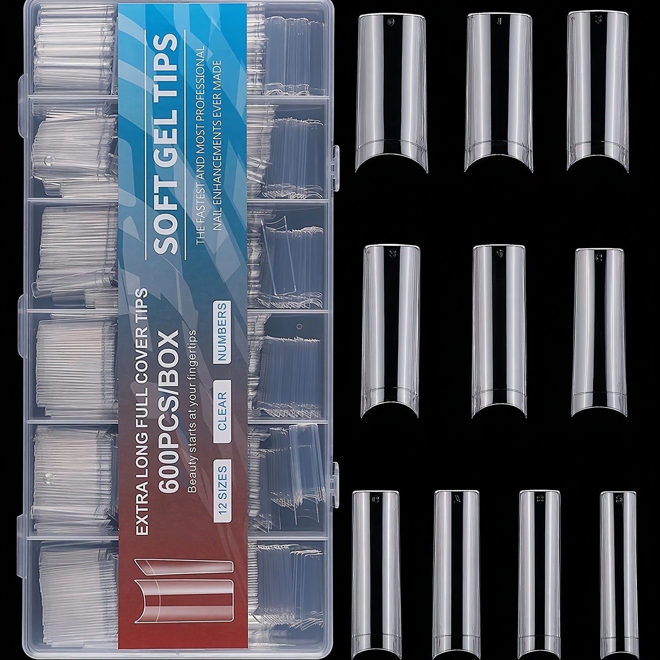 Image of 600pcs No Xl Nail Tips, Clear Long Square Straight Fake Nails 10 Sizes Half Cover Artificial Nails For Nail Salon Professional And Home Diy