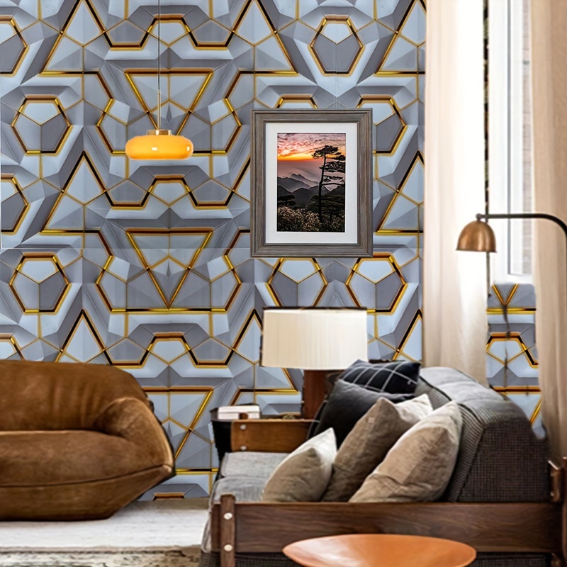 

Peel & Stick 3d Gray And Golden Geometric Wallpaper - Waterproof, Self-adhesive Vinyl For Living Room, Bedroom, Office Decor - Easy Apply 17.71x236.22 Inches