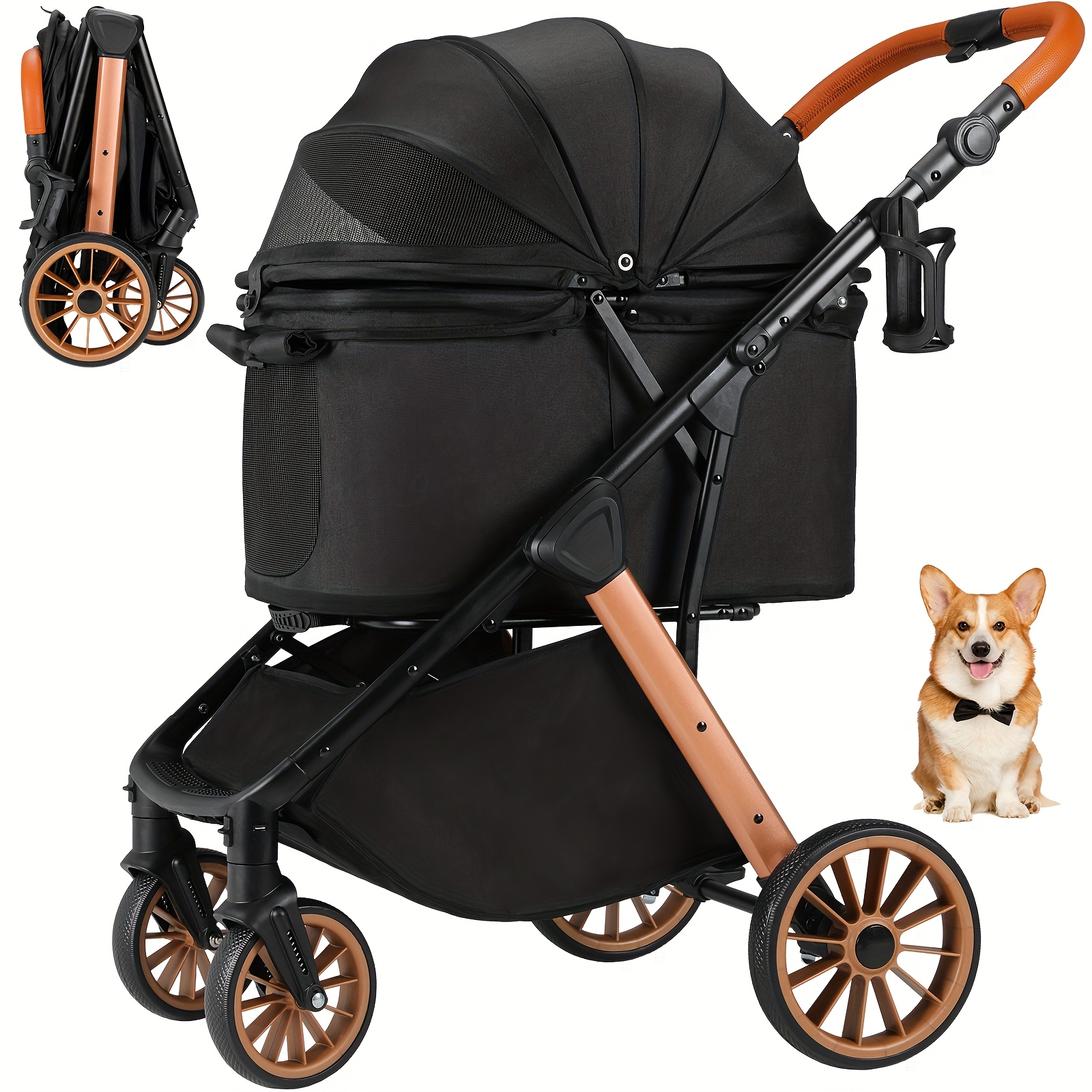 Image of Dog Stroller, One-button Folding Upgrade, Pet Stroller, Load Capacity Up To 25kg, Aluminum Carbon , Height-adjustable Handle, Cup Holder, 4 360° Rubber Wheels, Suitable For Small Dogs And Cats