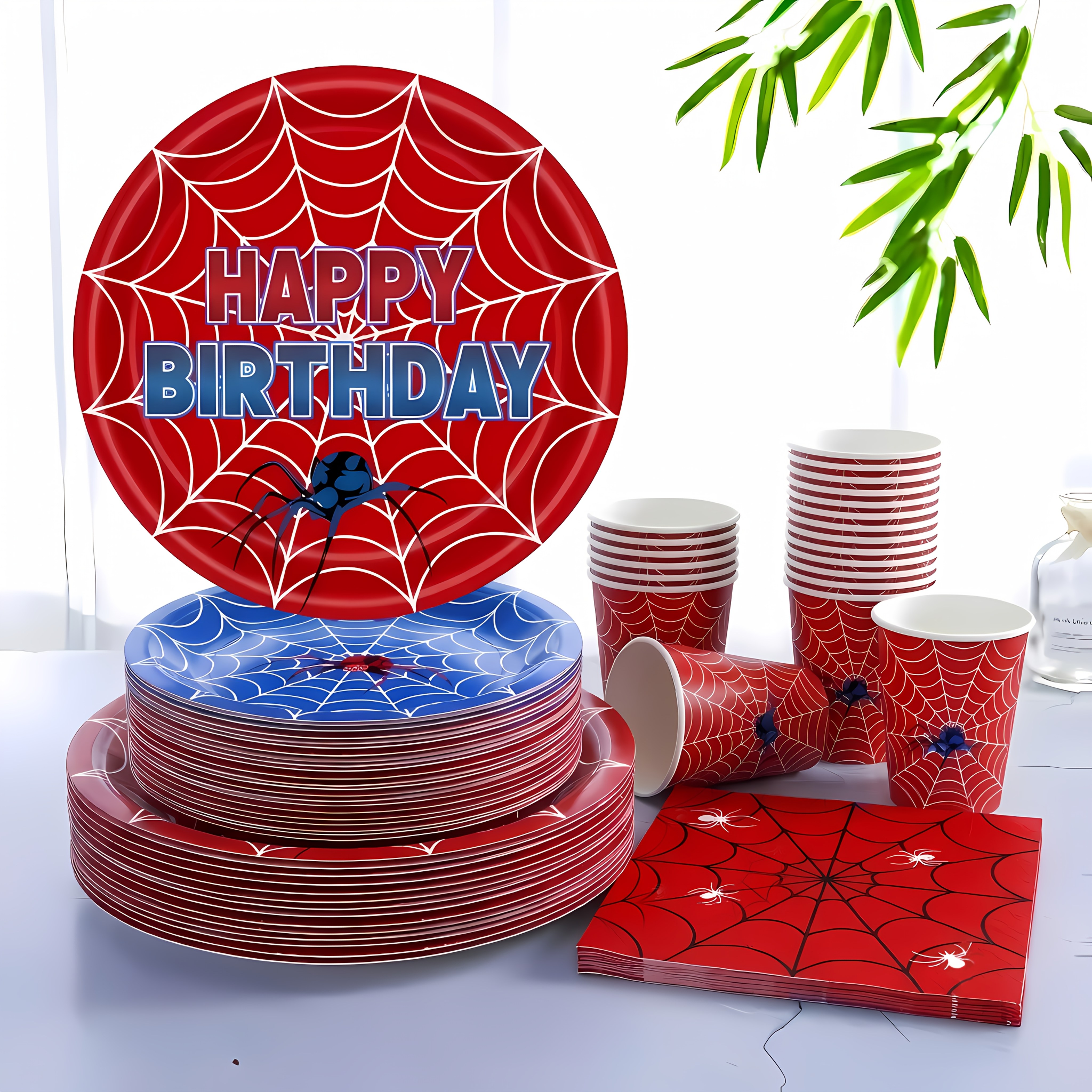 TEMU 80pcs Party Plates And Tableware Set | Red Blue Web Happy Birthday Theme Birthday Party | Paper Cups Napkins Included | Hero Style Cool Pattern