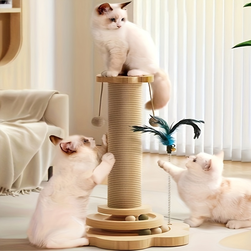 

Cat Scratching Post With Rotating Platform And Teaser Toy - Premium Mdf Base Claw Grinding Cat Tower - Durable Sisal Scratch Pillar With Interactive Feather Teaser (random Color) - Supplies