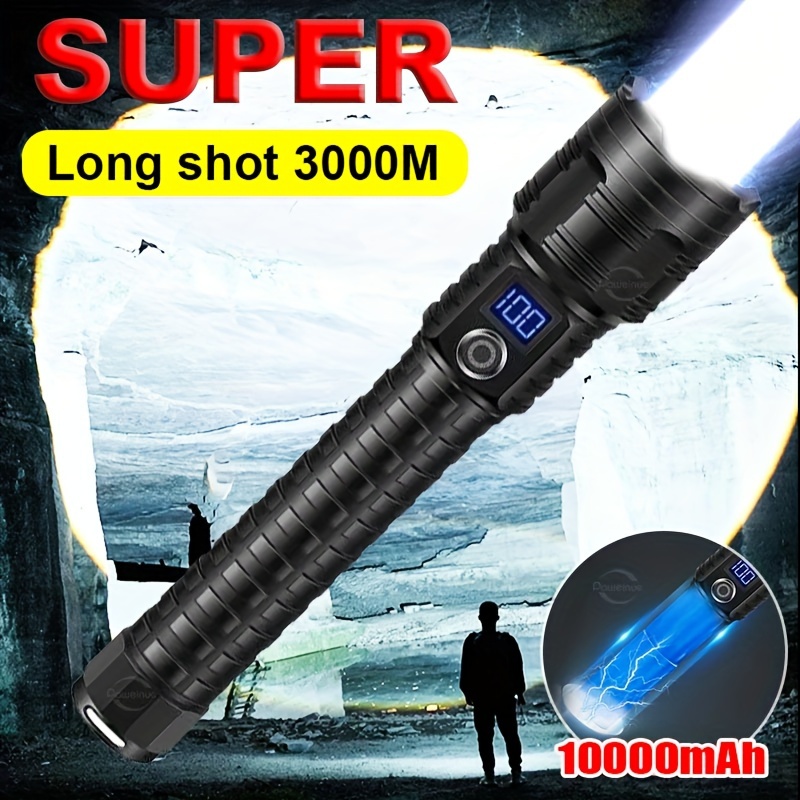 

1pc 10000mah Led Flashlight, Super Long-range 3000m, 30w High Power, Zoomable With Digital Display, Portable Rechargeable Torch For Outdoor Use, 9.25-10.03 Inch Adjustable Length