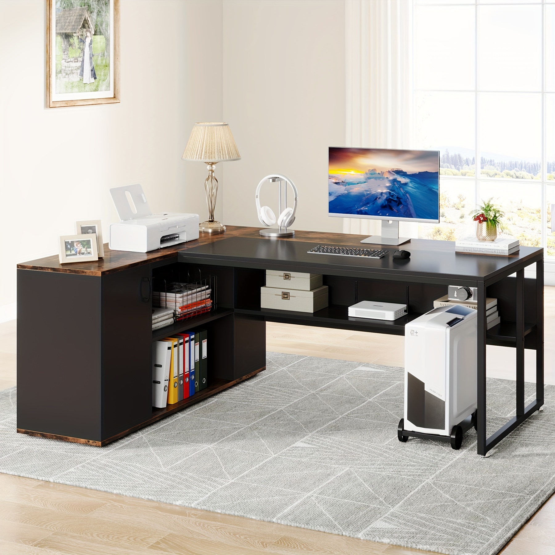 

Little Tree Executive Office Desk With Shelves, L Shaped Desk With Cabinet Storage, 71 Inch Executive Desk, Business Furniture Desk Workstation For Home Office