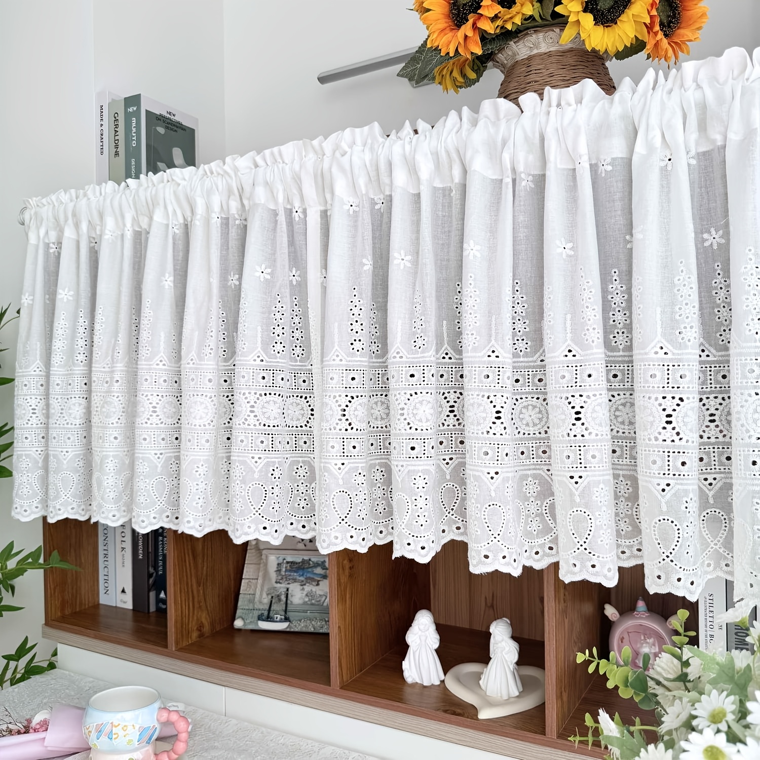 TEMU 1 Stück Moderne Halbtransparente Kurze Gardine mit Blumenstickerei – Filtervorhang für Küche, Wohnzimmer, Schlafzimmer – Maschinenwaschbarer,