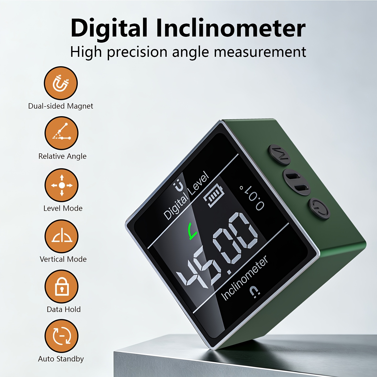 TEMU Draagbare digitale hoekmeter, 360° dubbelzijdige magnetische hellingsmeter, relatieve/ hoekmeting, professionele elektronische gradenboog met