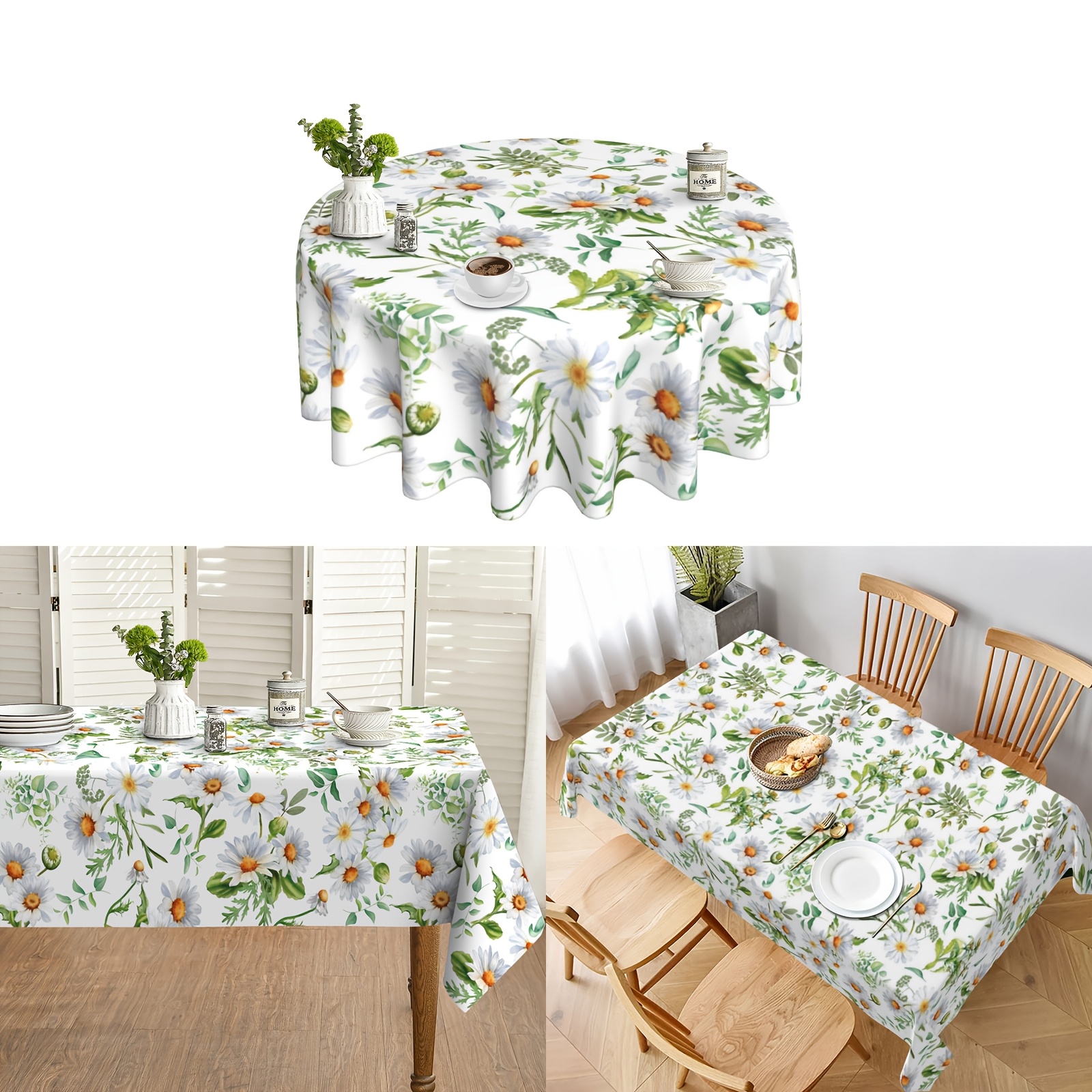 

1pc Daisy Floral Polyester Round Tablecloth - Machine Woven 100% Polyester Table Cover For Spring/summer, Home Kitchen Dining & Picnic Decoration