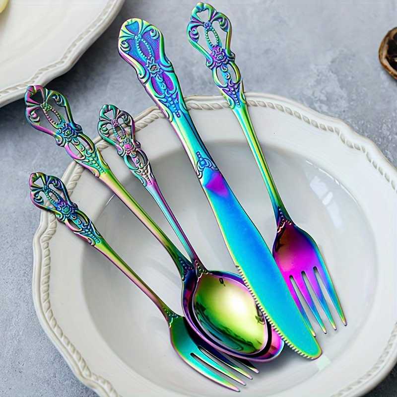 5 20pcs of colorful   tableware suitable for 1   exquisite silverware including knife fork and spoon food grade stainless steel flat tableware elegant tableware suitable for   wedding moving   polished dishwasher safe