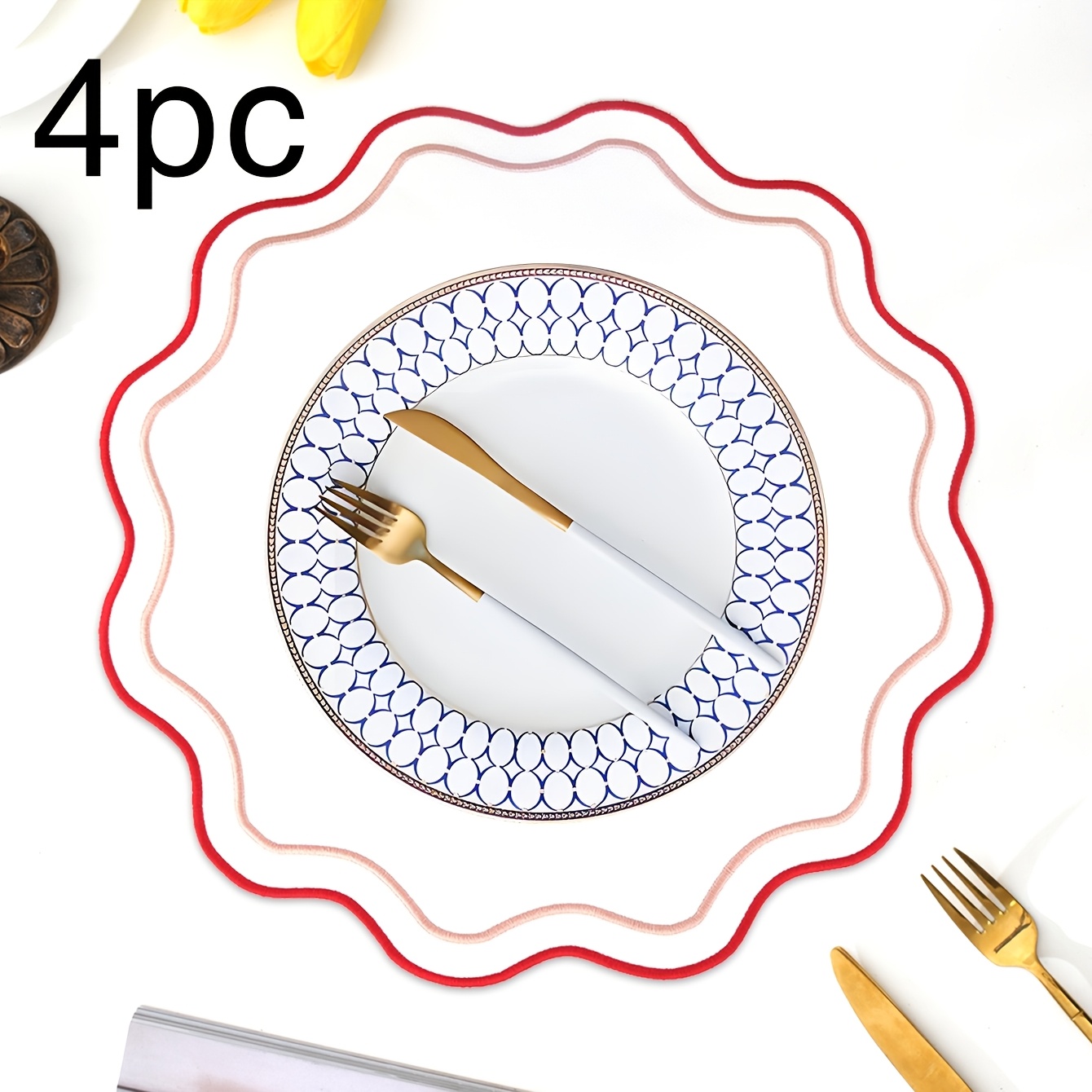 TEMU 4pcs, Festive Easy Fabric Embroidery Placemat, Suitable For Wedding Party Table Decoration Placemat, Easy Fashionable Table Mat, Coffee Machine