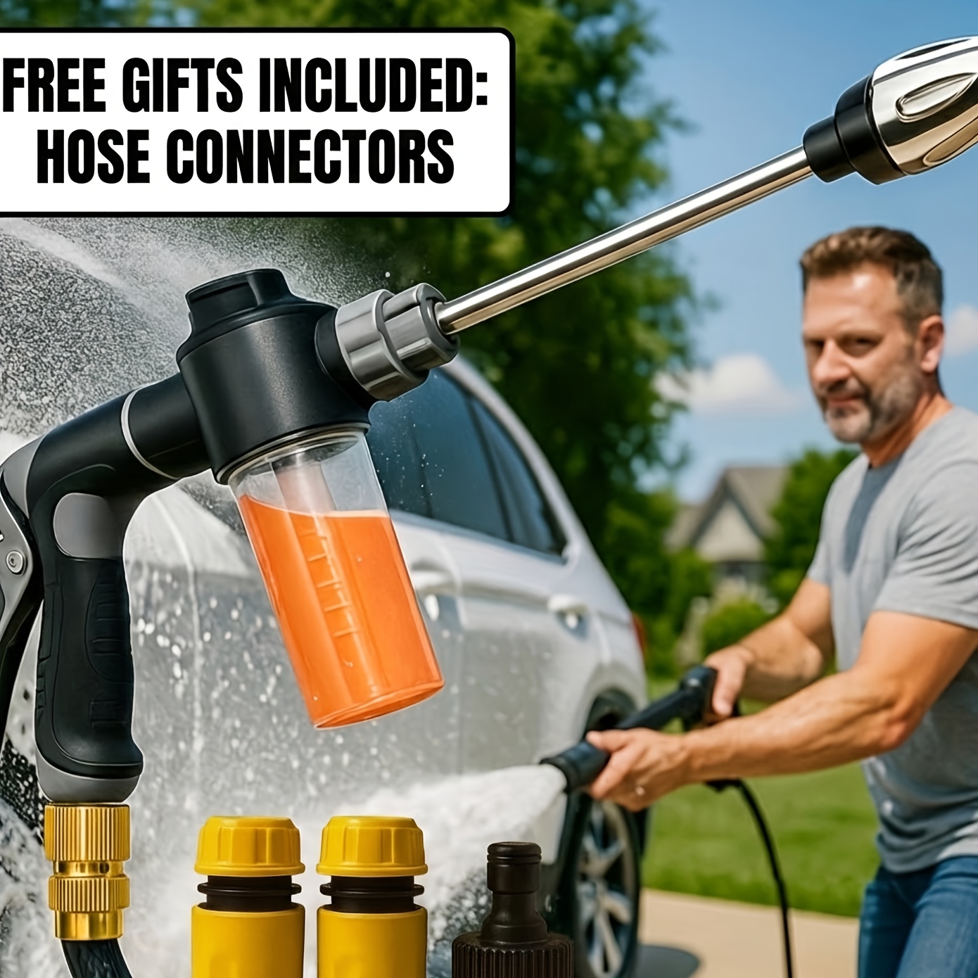 TEMU 1pc High Pressure Car Wash Gun With Extended Spray Lance, Leak-proof Seal, Multi-gear Adjustable Spray, Durable Hose Nozzle, Suitable For Truck,