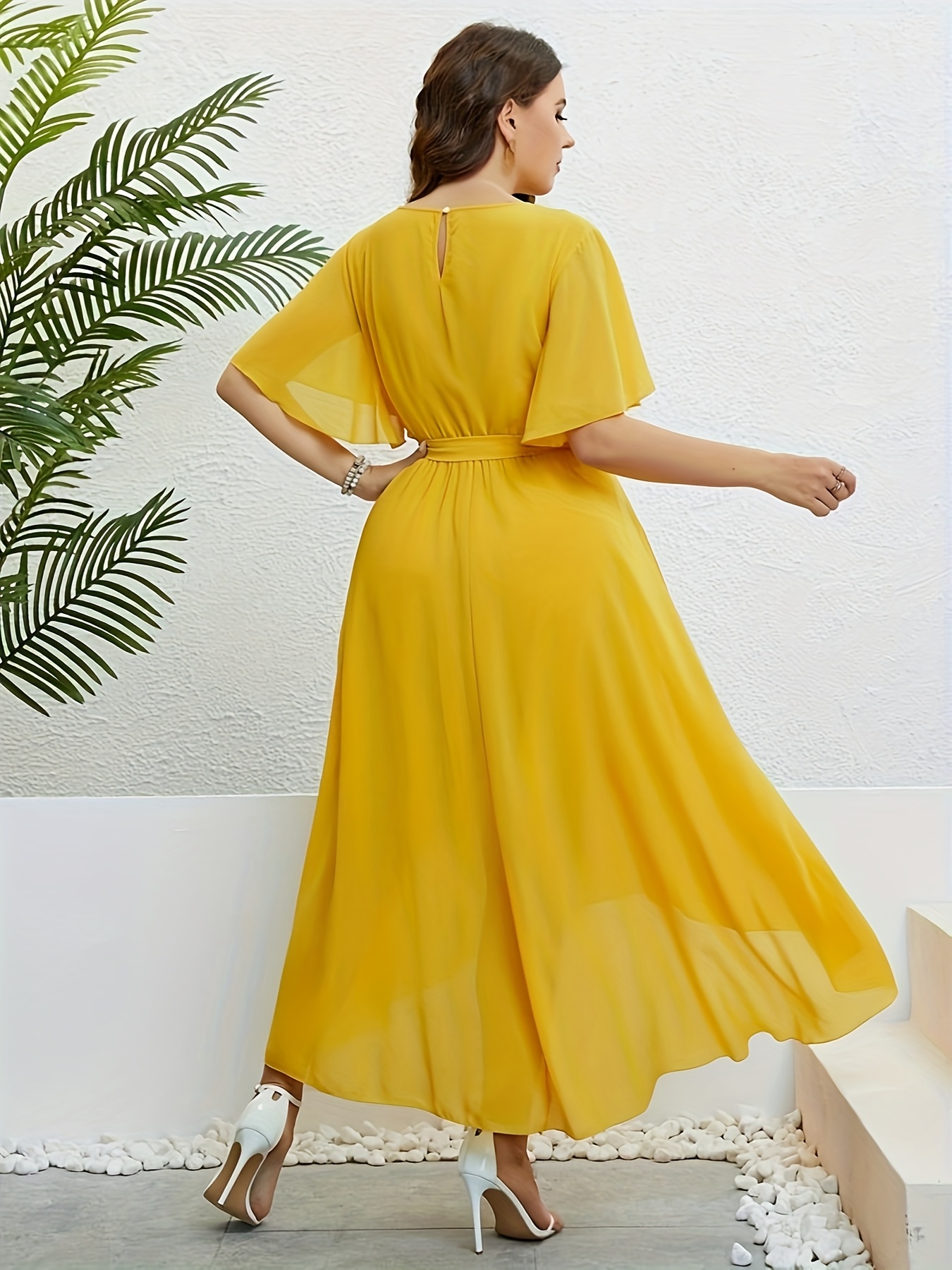 Yellow Asymmetrical Hem Wrap Dress for Women * Waist Belted Flowy *