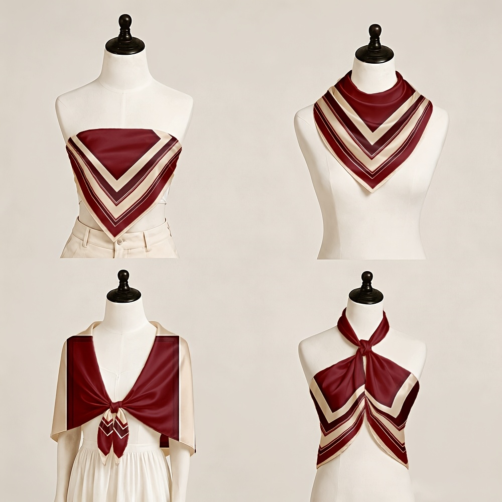 Wine Red Geometric Line Pattern Square Scarf for Women
