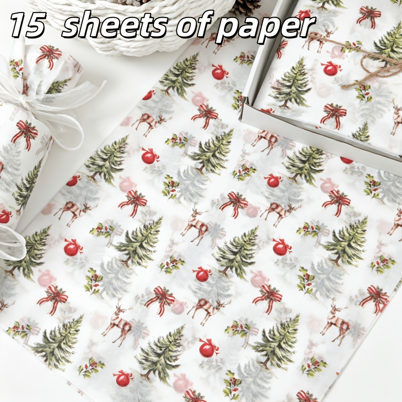 TEMU 15 Sheets Of Christmas Bell And Fawn Patterned Tissue Paper, 20*14 Inches, Gift Wrapping Paper, Suitable For Christmas Decorations, Weddings,