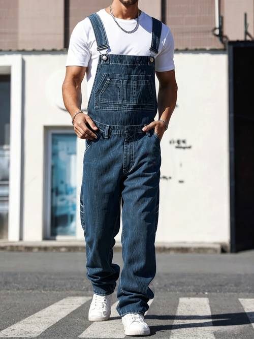 mens oversized denim overalls vintage ripped workwear coveralls with full length pants loose fit straight leg suitable for casual