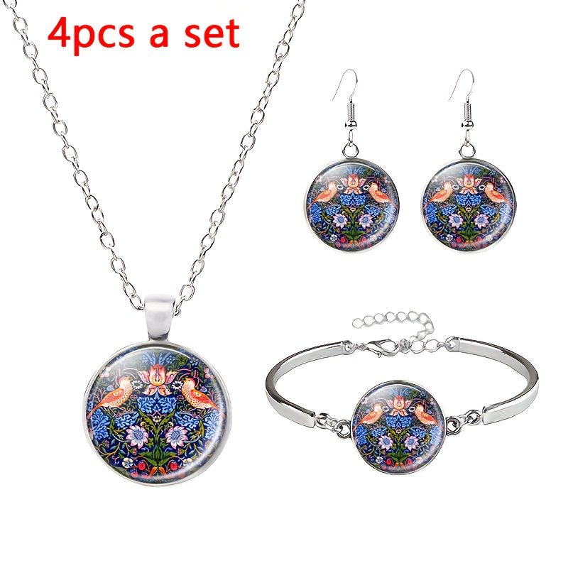4pc Vintage Floral and Bird Pattern Jewellery Set