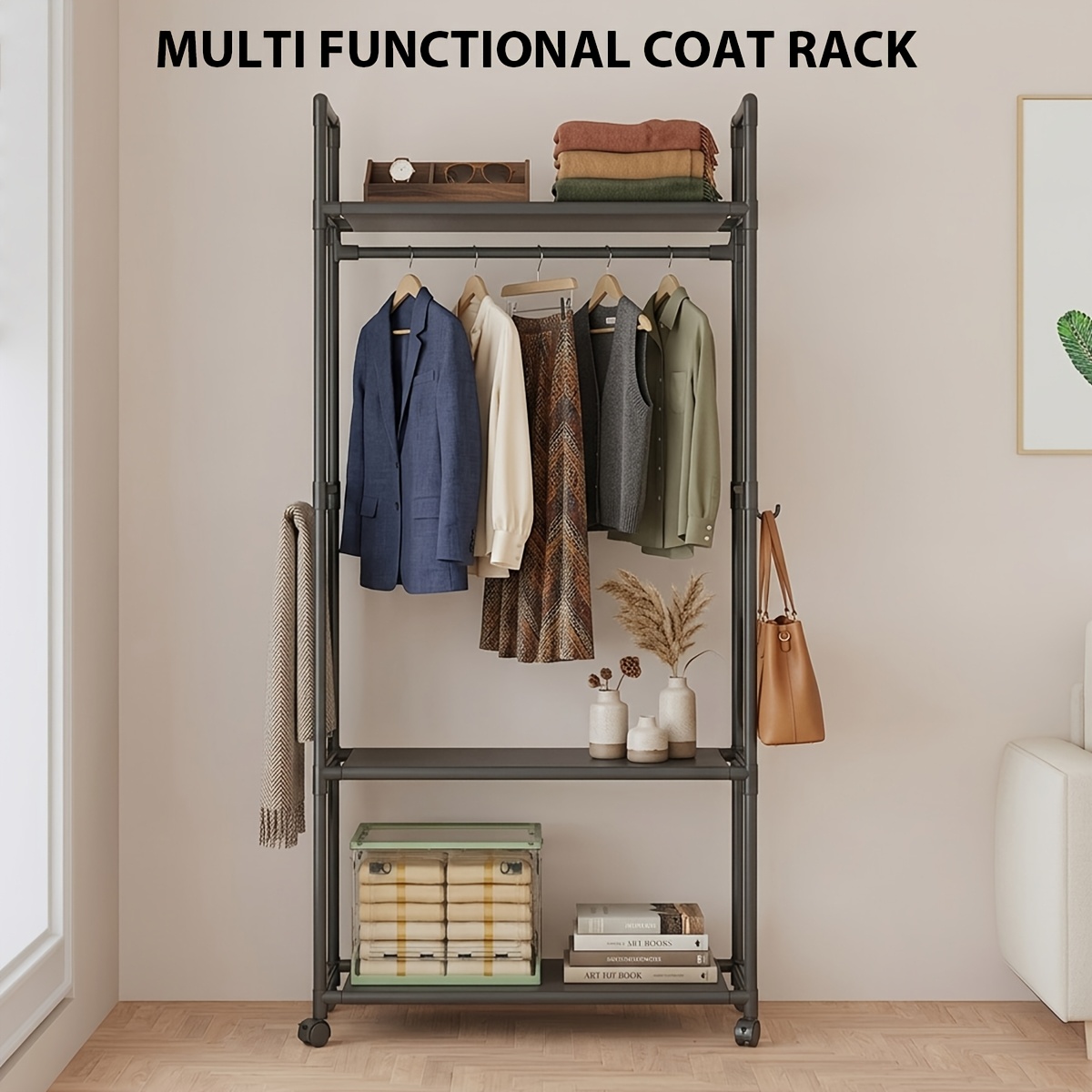 Image of 1pc Multi-functional Pulley Clothes Rack, Space- Storage Rack With Hooks, Plastic Freestanding Storage Rack, Durable Construction, Easy To Assemble, Suitable For Bedroom, Entryway, Closet