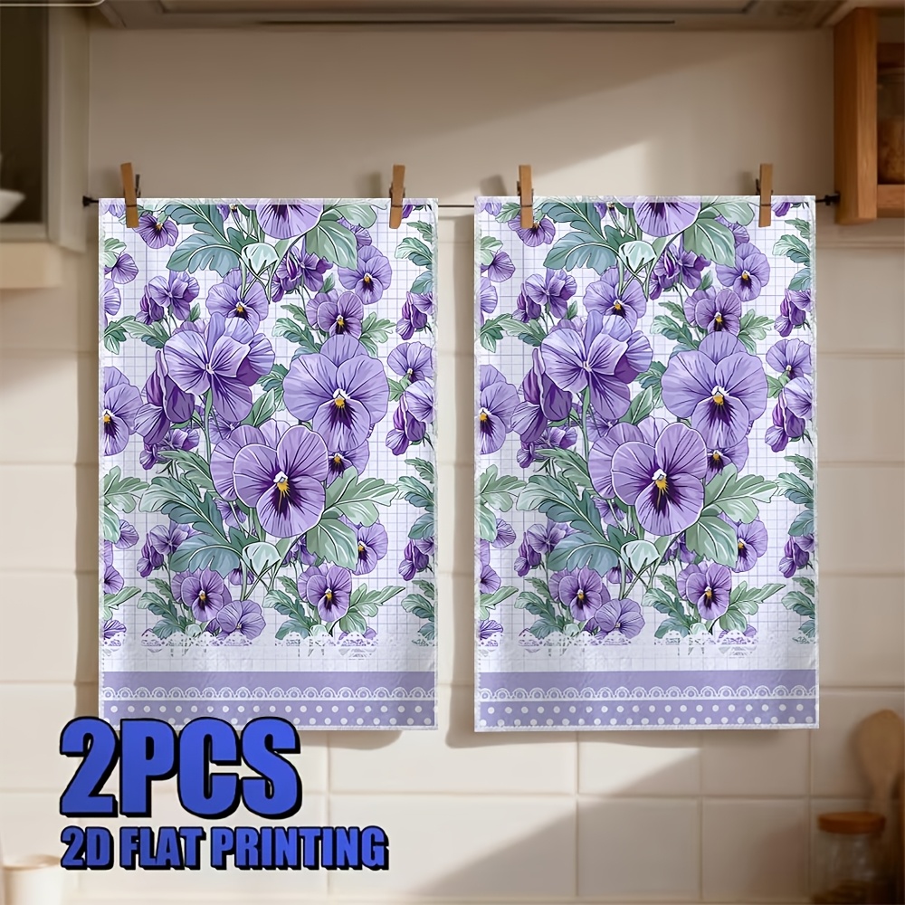 TEMU 2pcs Purple Pansy Floral Floral Kitchen Towels Purple Pansy Flower Print Soft Absorbent Hand Towels For Kitchen Decor Bathroom Decor Home Decor