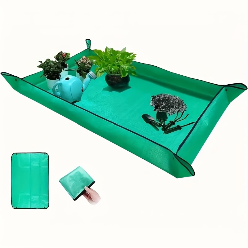 Image of 1pc Large Waterproof Plant Potting Mat - Thickened, Foldable & Portable For Indoor Transplanting And Succulent Care, Green Gardening Mat With Blue Trim, Easy For Mess-free Plant Repotting