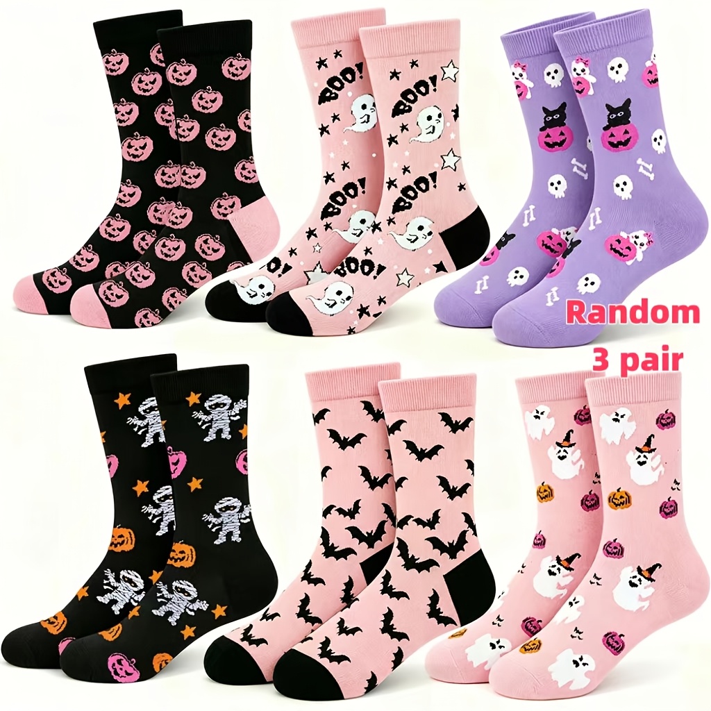 TEMU Lot de 3 paires de chaussettes mi-hautes d'Halloween pour femme, à mignons de citrouille, chauve-souris, , décontractées, amusantes et tendance