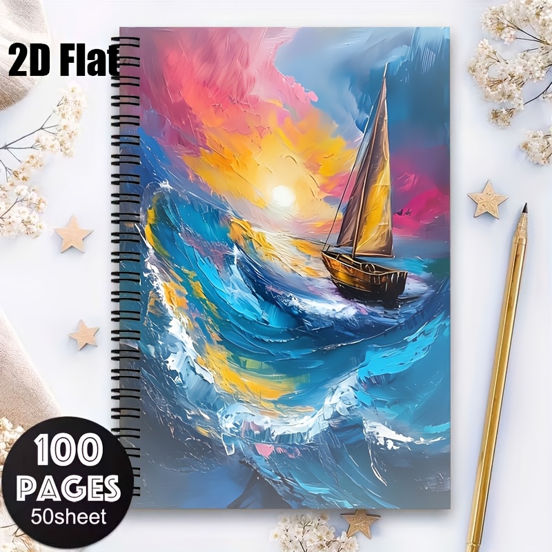 1pc [2D]   à spirale plats,   à spirale A5 pour la rentrée scolaire, Couverture d illustration sur toile d ondes de  , Journal de poche d   en classe, Journal de voyage, Cadeau pour les étudiants et les enseignants, Convient pour la rentrée scolaire,   d étudiants