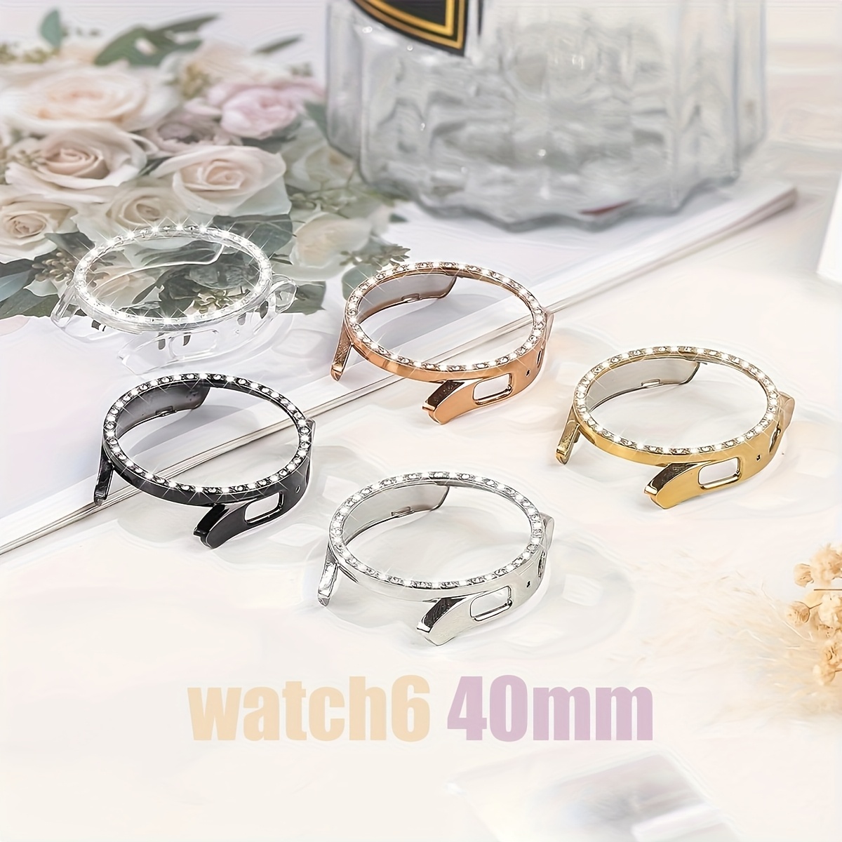 Image of 5-pack Sparkling Single-row Rhinestone Hollow Watch Case For Galaxy Watch Women, Compatible With Galaxy Watch 4/5/6/, Fits 40/44mm Watch Faces, Anti-drop Fashion Protective Cover - Party Collection