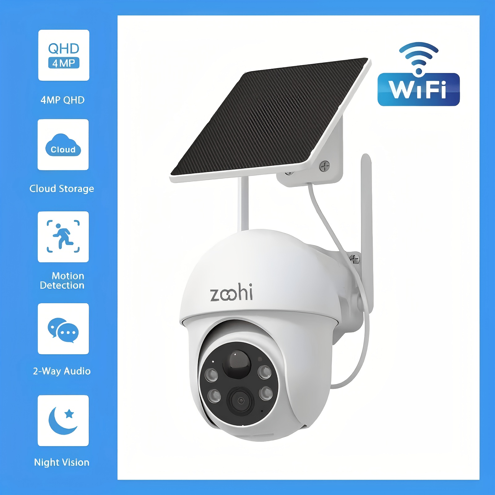 TEMU Caméra de surveillance extérieure fil WiFi 4MP avec panneau solaire, caméra PTZ 360° avec batterie, détection PIR, vision couleur, alarme, audio