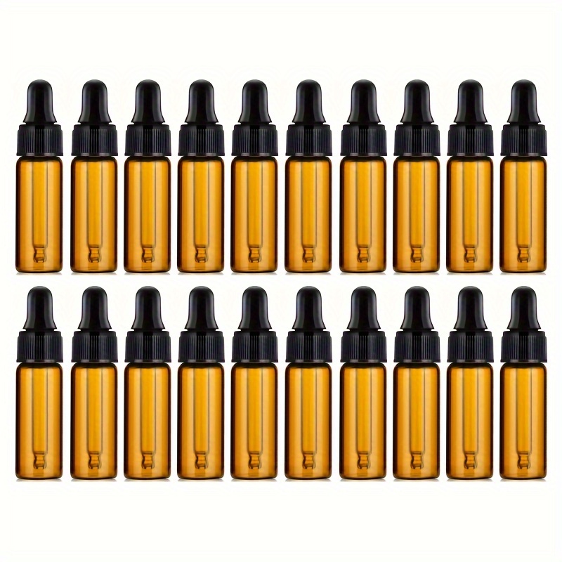 TEMU 20pcs 5ml Amber Glass Mini Essential Oil Dropper Bottles With Black Lids - Uv Protective Small Storage Jars For Perfume, Cosmetics, Aromatherapy
