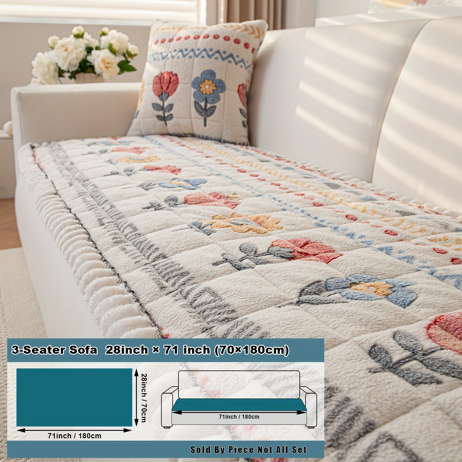 TEMU 1pc Fashionable Plush Sofa Cushion, Flower And Rabbit Pattern, Pet-friendly, Edging, Compatible With Armchair And Backrest Combination Sofa,