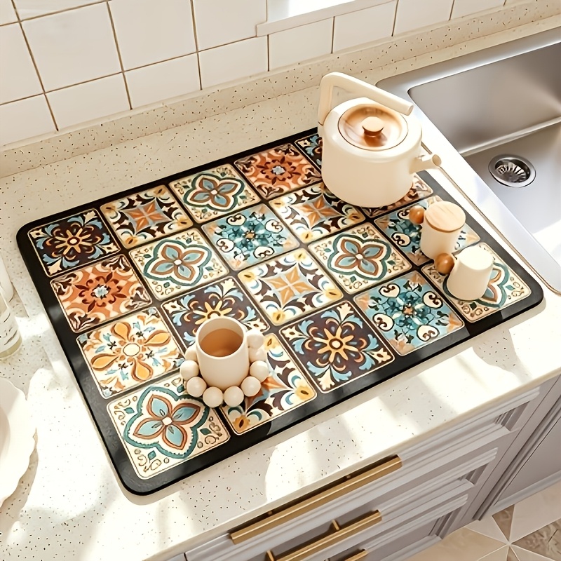 TEMU Grand tapis de séchage pour vaisselle, design mosaïque rétro, tapis à séchage rapide, plateau de machine à café esthétique et tendance, adapté à
