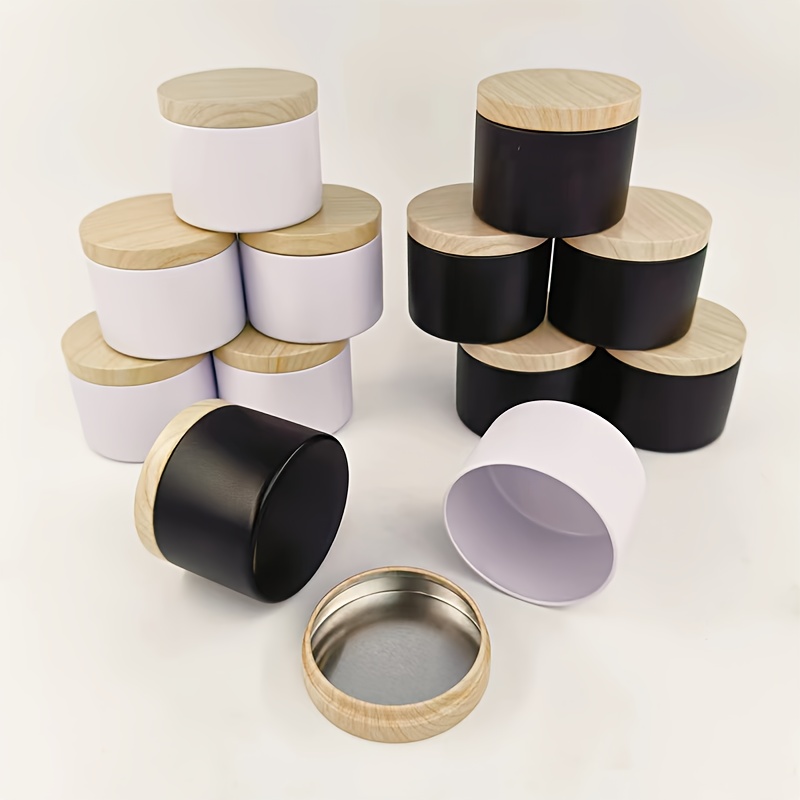 

12pcs, Black & White, Metal Candle Tins With Wood Grain Lids, Mixed Color Containers For Diy Candle Making, Food Storage, & Gift Packaging