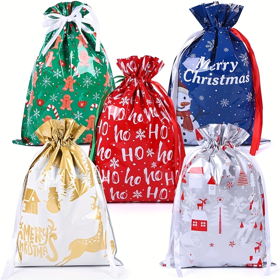 Image of Gift For Her/him 29 * 42cm Christmas Drawstring Bags, 5pcs Christmas Gift Bags Printed With Different Patterns For Christmas Party, Reusable Christmas Goodie Bags - Gingerbread Man
