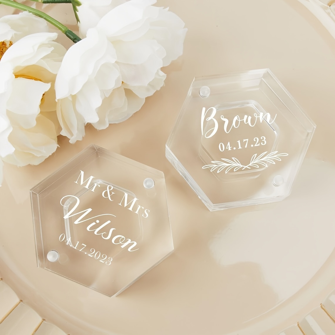 

1pc Personalized Transparent Hexagon Wedding Ring Box, Engraved Romantic Wedding Jewelry Storing Box, Customized Name & Date