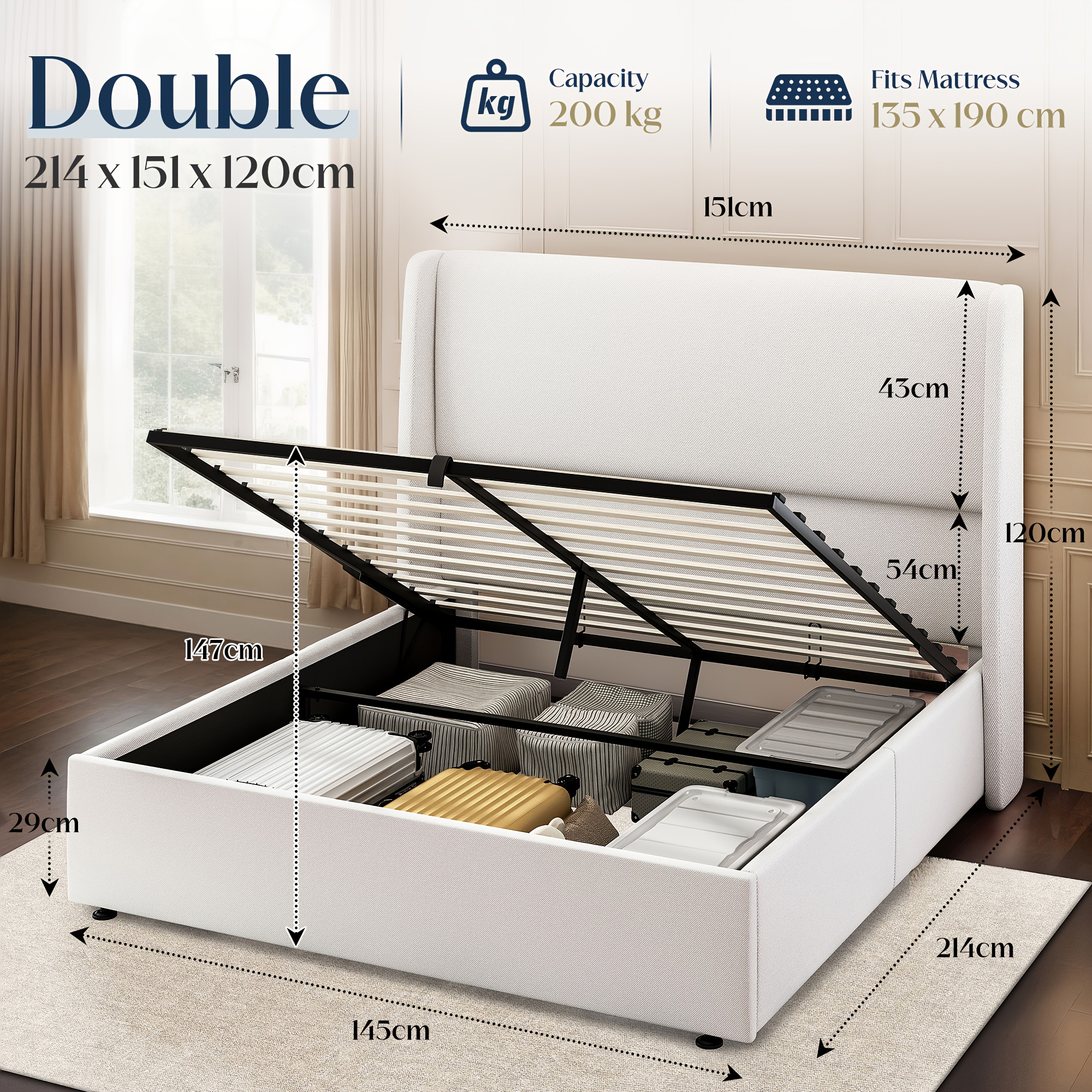 TEMU Cama con Almacenaje LUXOAK Wingback - Base Hidráulica con Elevación a Gas, Listones de Soporte de Madera, Tapicería de Lino Premium, Fácil