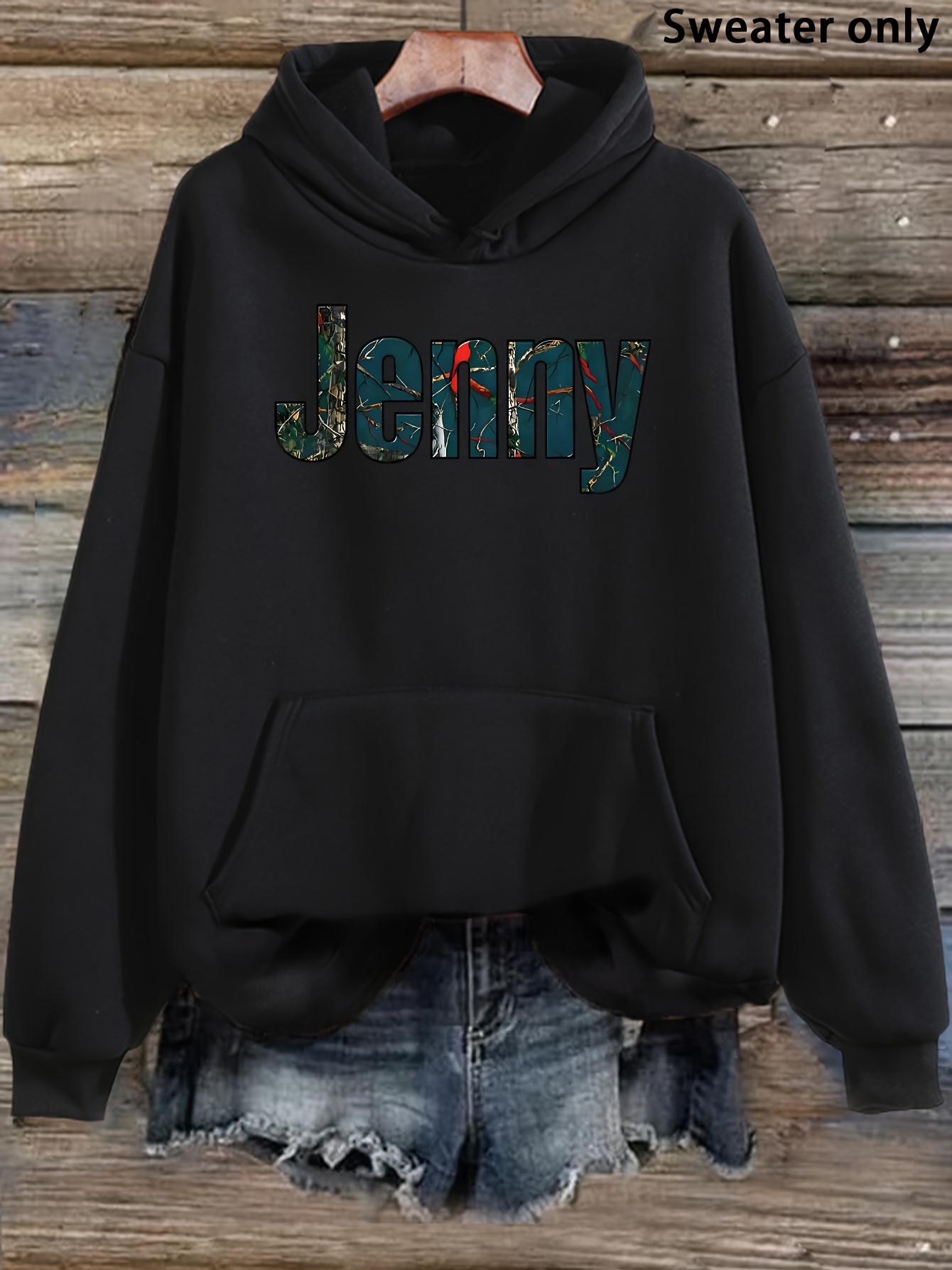 vrouwen zwarte hoodie met jenny grafische print - casual sportkleding voor herfst, winter, lente, casual wear hoodie | grafische hoodie | zakken 0