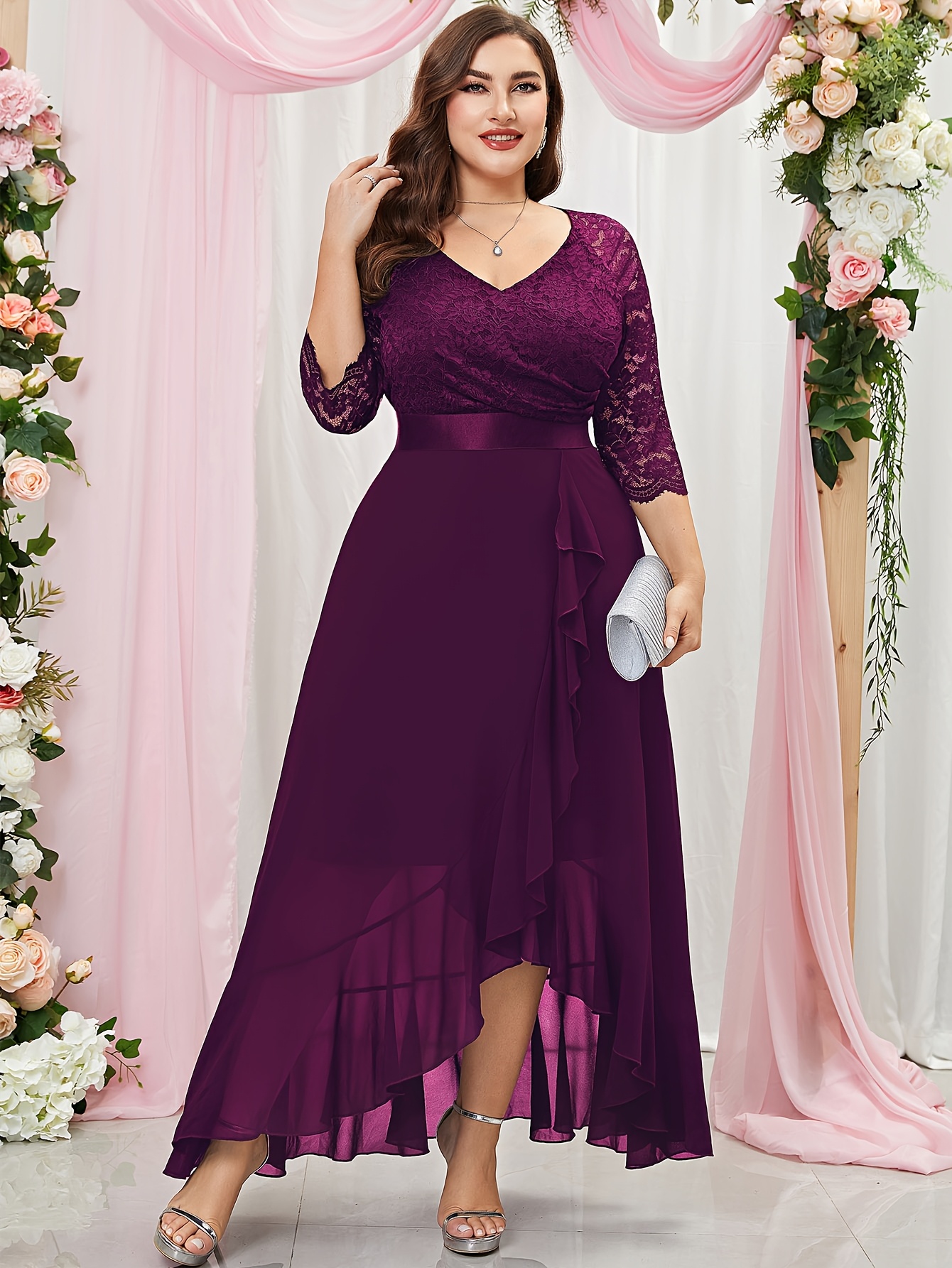 formal dresses burgundy Black Blue Burgundy Long Lace Prom Dresses, Long Lace Formal Evening D main image 1