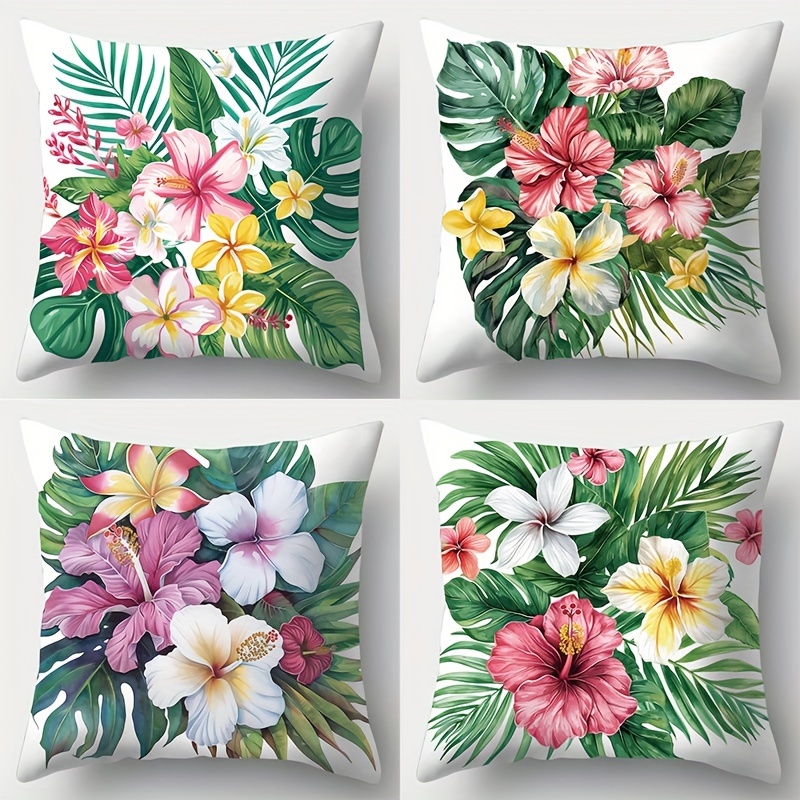 

Contemporary Floral Throw Pillow Covers Set Of 4, Tropical Plant And Flower Print, Decorative Woven Polyester Cushion Cases With Zipper Closure For Living Room - Hand Wash, 17.72"x17.72" - Jit