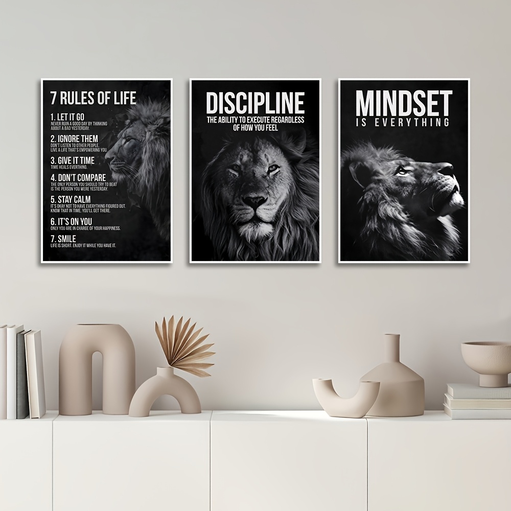 TEMU 2d Flat, 3pcs Frameless Lion Canvas Poster Set - &;discipline&; & &;mindset&; With Inspirational Quotes, Black & White Animal Prints For Home
