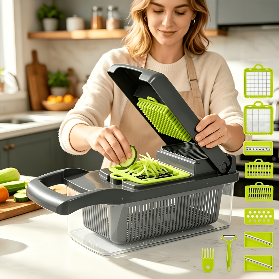 TEMU 14 In 1 Multifunctional Vegetable Slicer, Household Potato , Shredded And Sliced Machine With Drain Basket, Complete Kitchen Vegetable