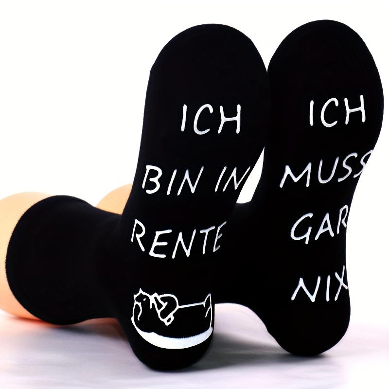 Image of Pair Of Cotton Socks, Black With White , Anti-slip Dotted Socks, German "ich Bin In Rente" (i Am Retired)