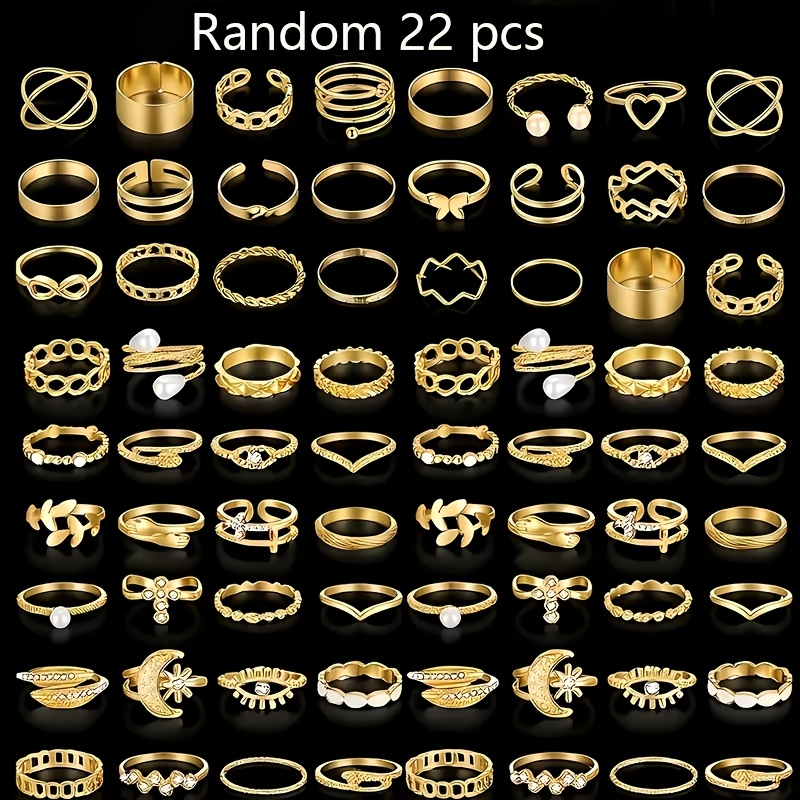 TEMU Conjunto de anillos para mujer 22/23 piezas, minimalista y elegante, con diseño de cable, flor, rama de , , , cruz y estrella. Ideal para citas,
