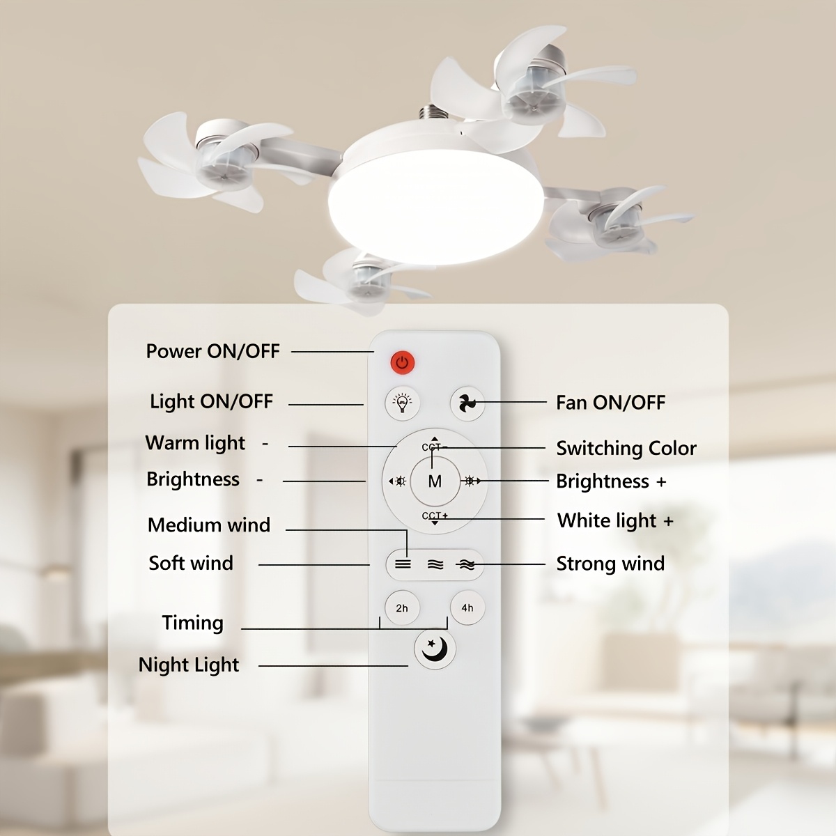 LED Smart Ceiling Fan Light - E27/E26 Screw Port With Remote Control, Adjustable Brightness And 3 Speed Adjustment, Suitable For Bedroom, Living Room, Study, Kitchen And Bathroom - Modern Design, Suitable For All Seasons (2-in-1-3/4/5 Head Fan Light