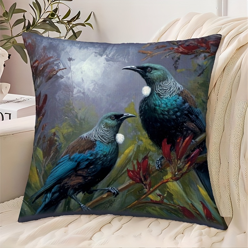 TEMU 1pc Bird Beak Finch Decorative Pillowcase - 18x18 Inches Soft Polyester Material, And Design With Red Flowers, Zipper Closure, Machine Washable,