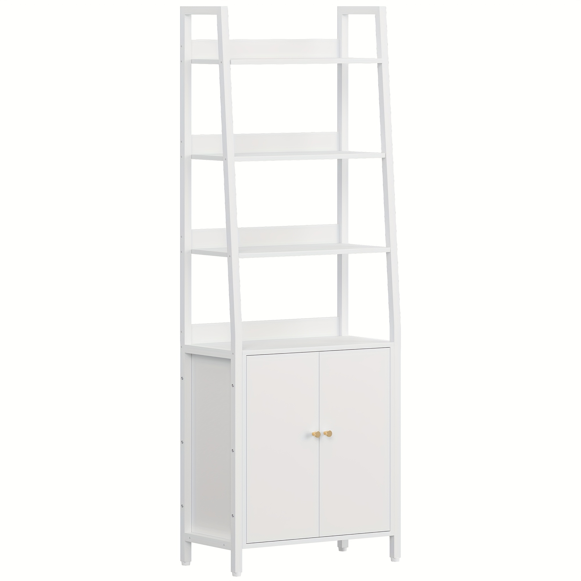 6-level Bookshelf Featuring Doors, Trapezoidal Design, 4 Open Shelves, Adjustable Shelves, Suitable For Bedroom, Study, Living Room, Contemporary Style, White End