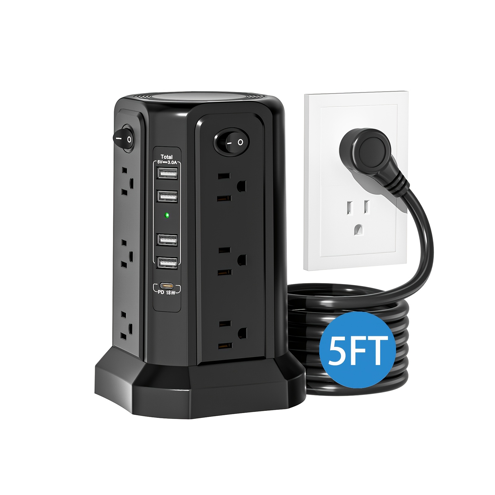 Level 4 Upgraded Power Strip Tower with 16 AC Outlets, 5 USB Ports including USB-C, Surge Protector, Multiple Color Options