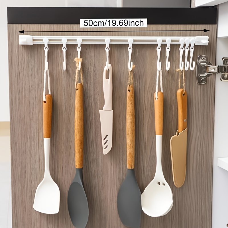 TEMU 1pc , Adhesive Wall Hook Rack Kitchen Rail, Space Saving Cutlery Holder With 10 Hooks, No Drilling Required, Suitable For Bathroom Kitchen Bedroom Office, Utility Hooks