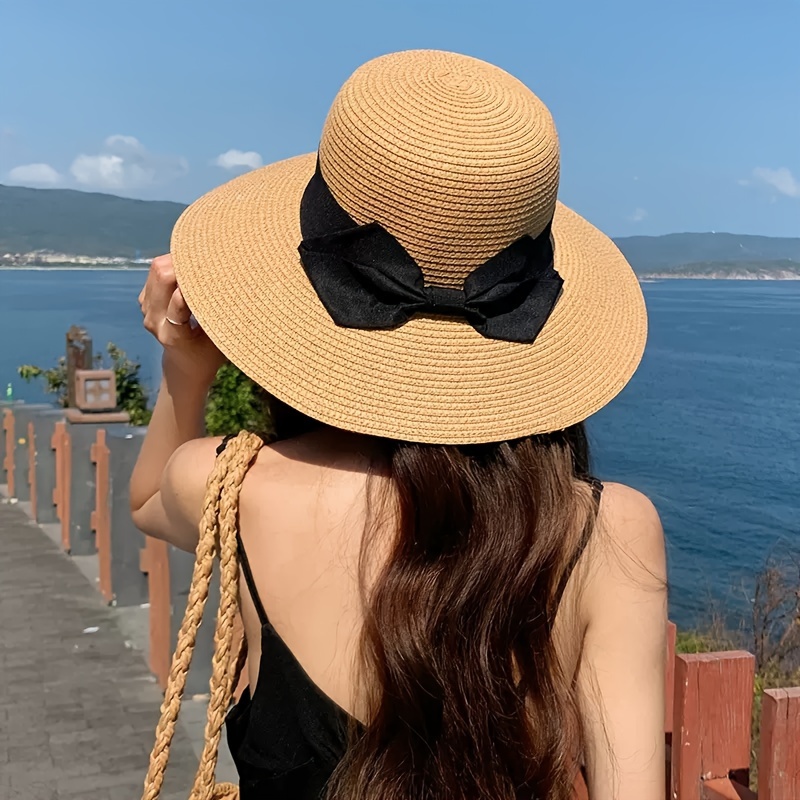 Elegant Black Bowknot Straw Hat Classic Solid Color French - Temu