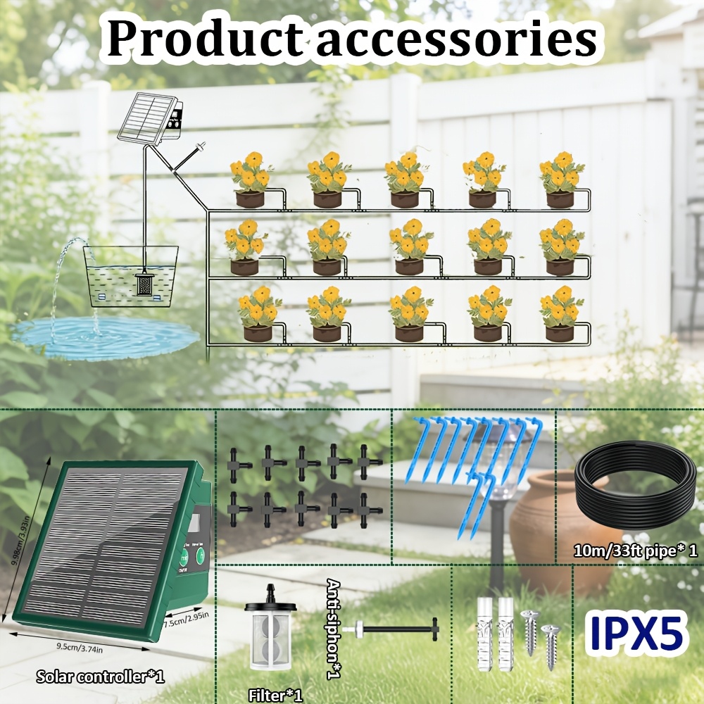 E-shop Solarbetriebenes Bewässerungssystem für Gartenschlauch, automatisches DIY-Bewässerungsgerät mit Akku & Zubehör, IPX5, für Garten, Balkon,