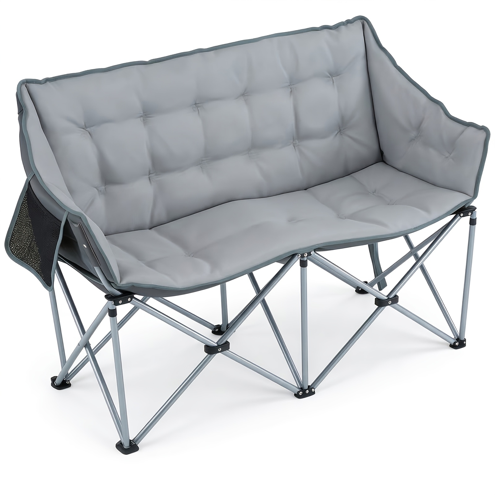 Oversized Fully Padded Camping Chair Folding Loveseat Camping Couch Double Duo Chair Heavy Duty Fold Arm Chair With Side Pocket Portable - Supports 650 Lbs Grey